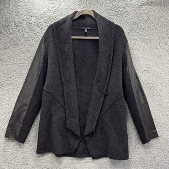 Eileen Fisher Large Open Front Jacket Wool Body and Leather on Sleeves Soft - Picture 1 of 15